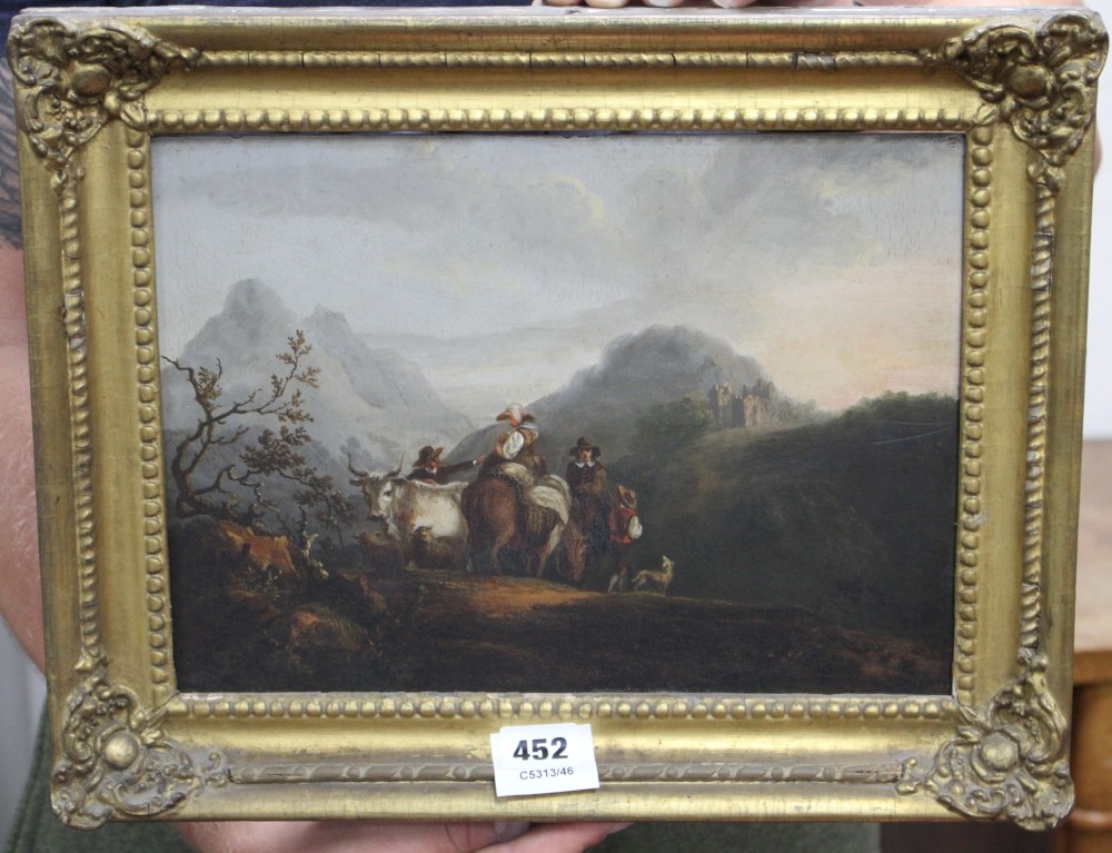 19th century English School, oil on canvas, Travellers in a landscape with castle beyond, 22 x 31cm